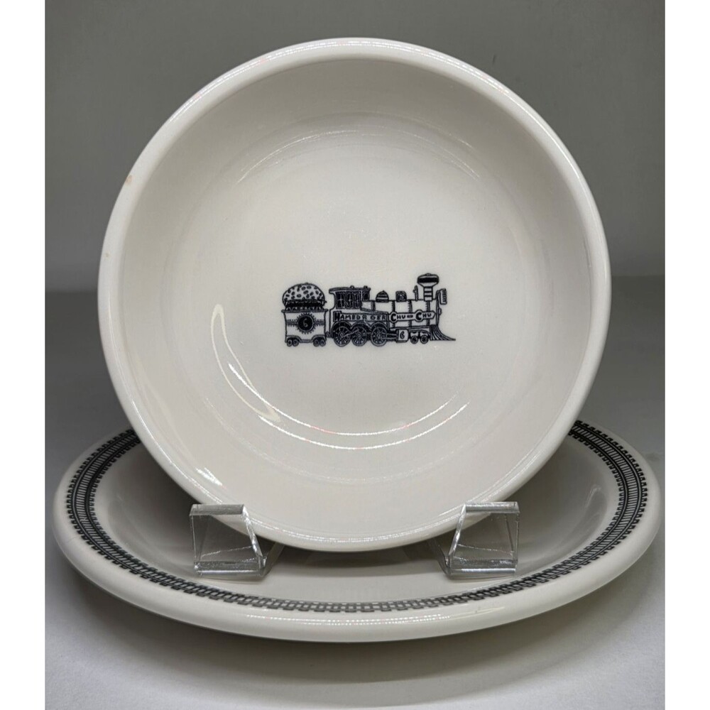 Homer Laughlin Fishs Eddy Hamburger Chu Chu Train Pattern Plate & Bowl Rare Set